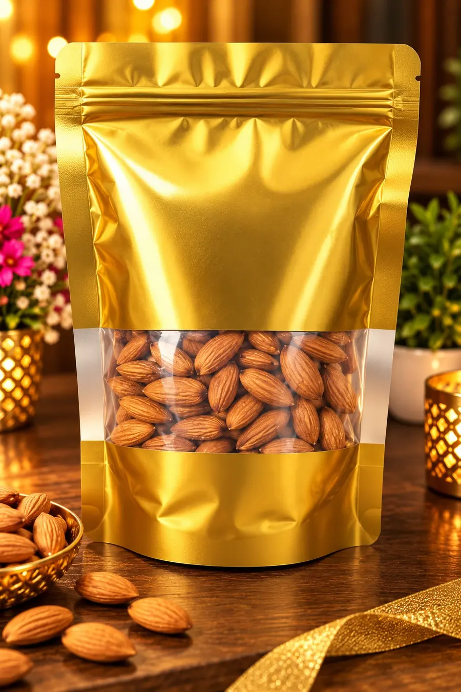 Gold stand-up pouch of badam (almonds) with a clear window
