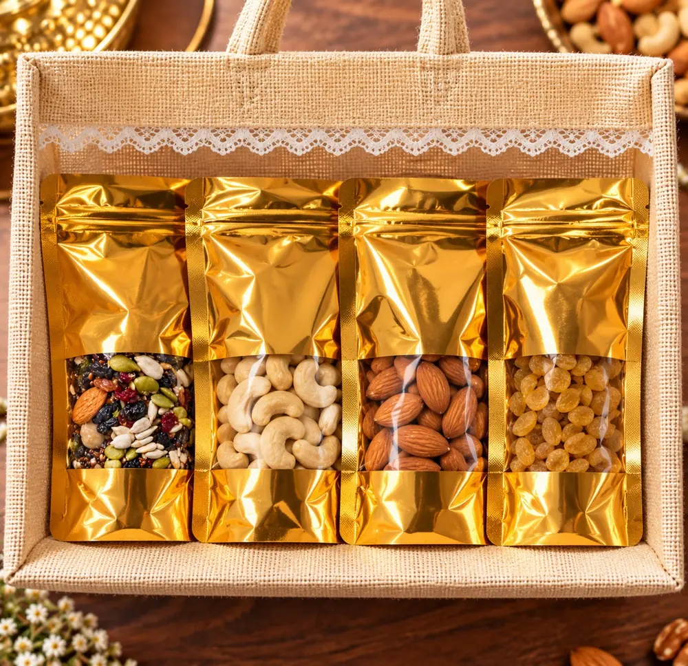 The Gift Bag: four gold pouches of seed mix, kaju, badam and kishmish in a jute gift bag