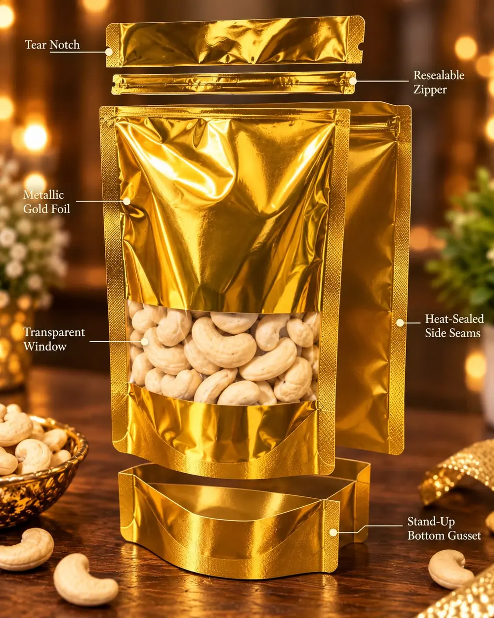 Exploded view of the gold pouch: tear notch, resealable zipper, metallic gold foil, transparent window, heat-sealed seams and stand-up base