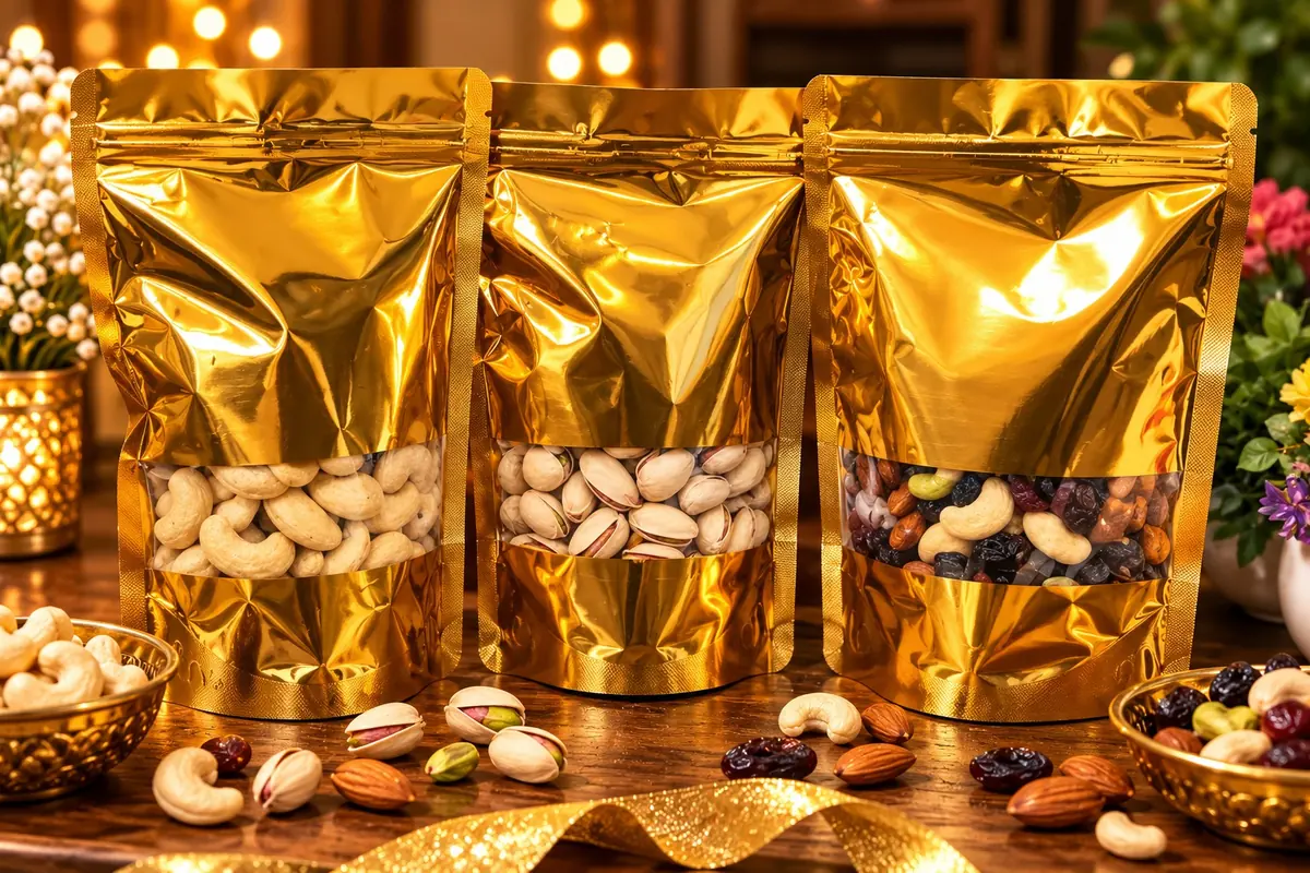 Three gold pouches of kaju, pista and mixed dry fruits on a festive table