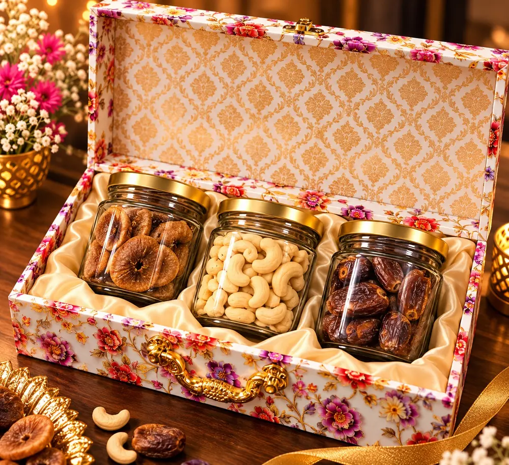 Mithaas Value hamper: glass jars of anjeer, kaju and dates in a satin-lined floral keepsake box