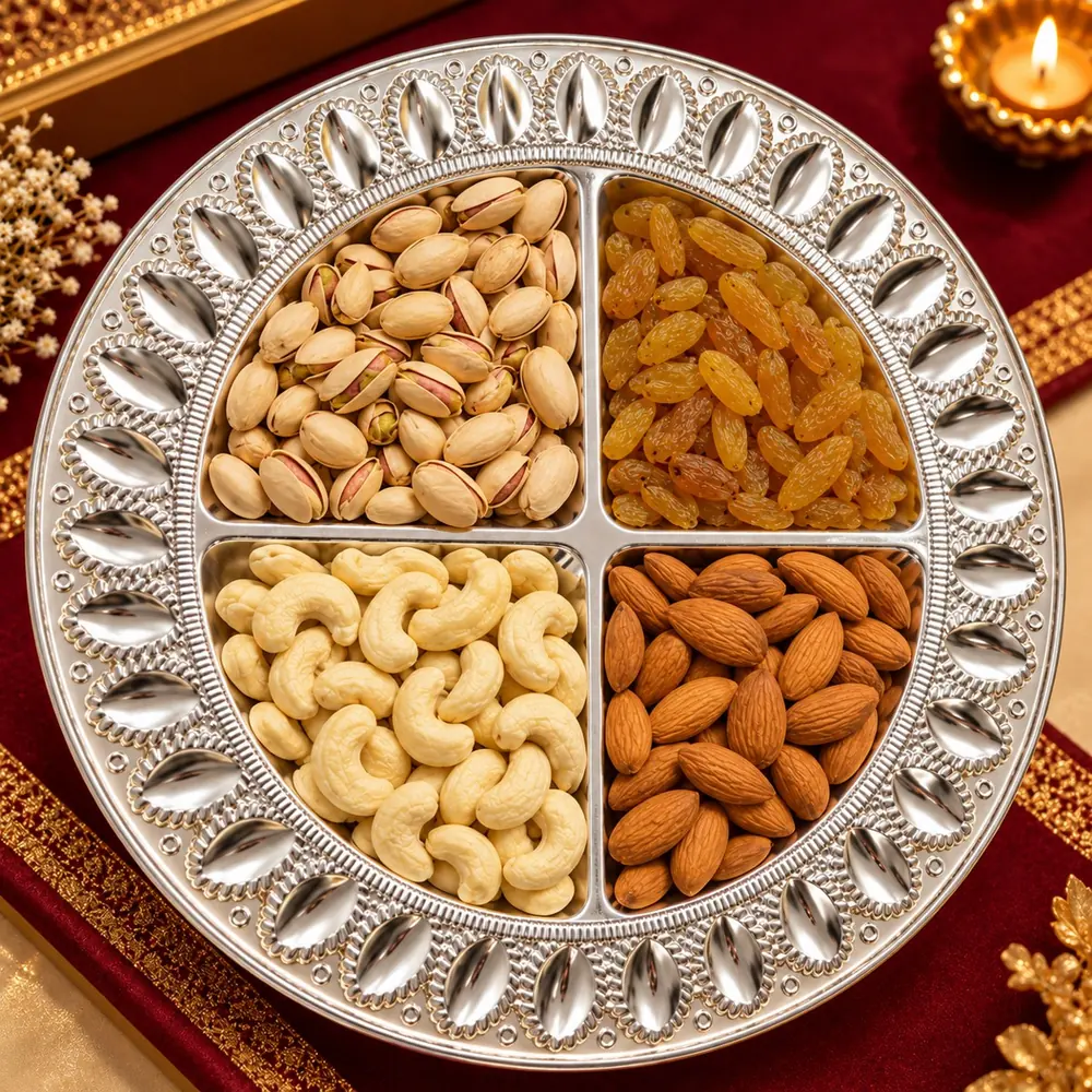 Shagun Thaal: pista, kishmish, kaju and badam in an ornate four-compartment silver thaal