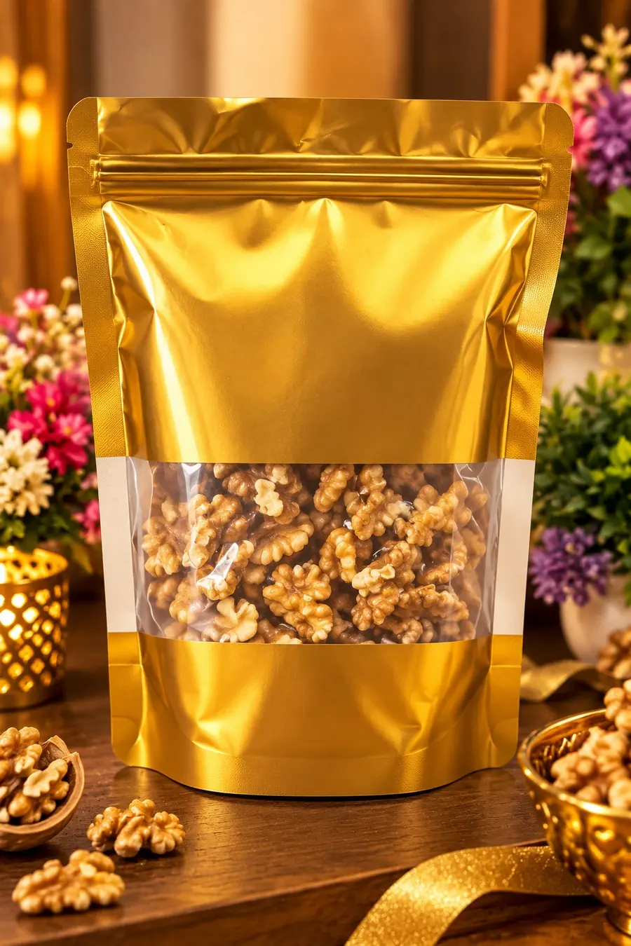 Gold stand-up pouch of walnut kernels with a clear window